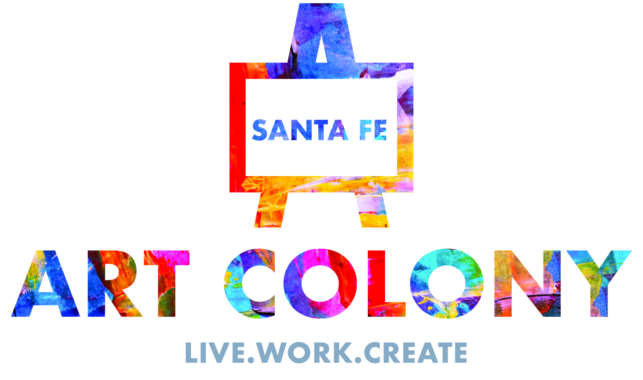 A colorful logo for Santa Fe Art Colony with the words "Live. Work. Create."